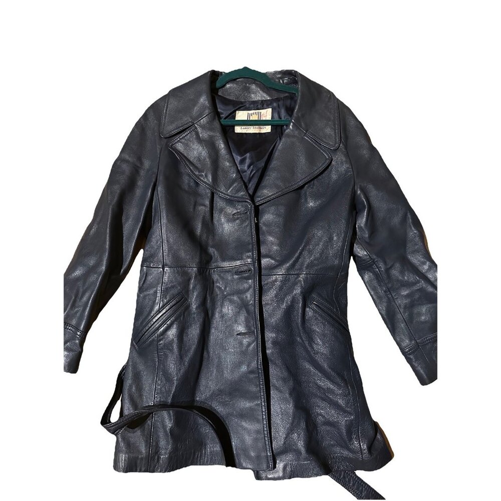 Vintage Lantry Leathers Blue Genuine Leather Trench Coat Belted Women’s M 1970s